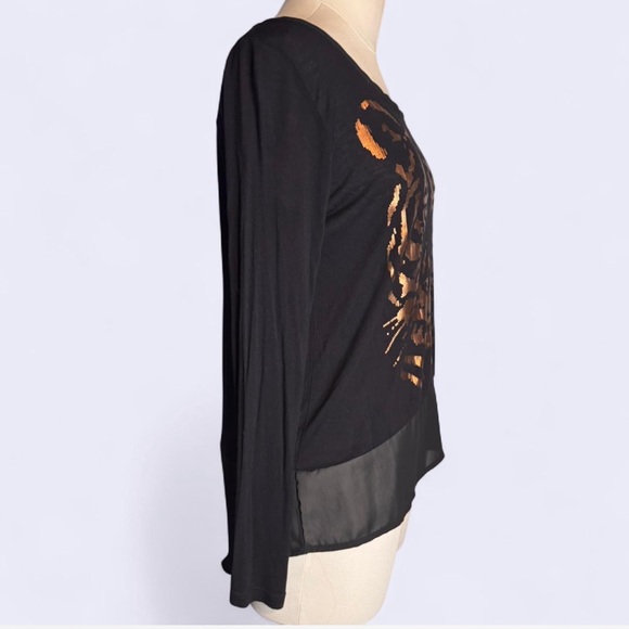 Fifth Sun Black and Gold Tiger Graphic Long Sleeve top size small sheer hemline - Picture 3 of 8